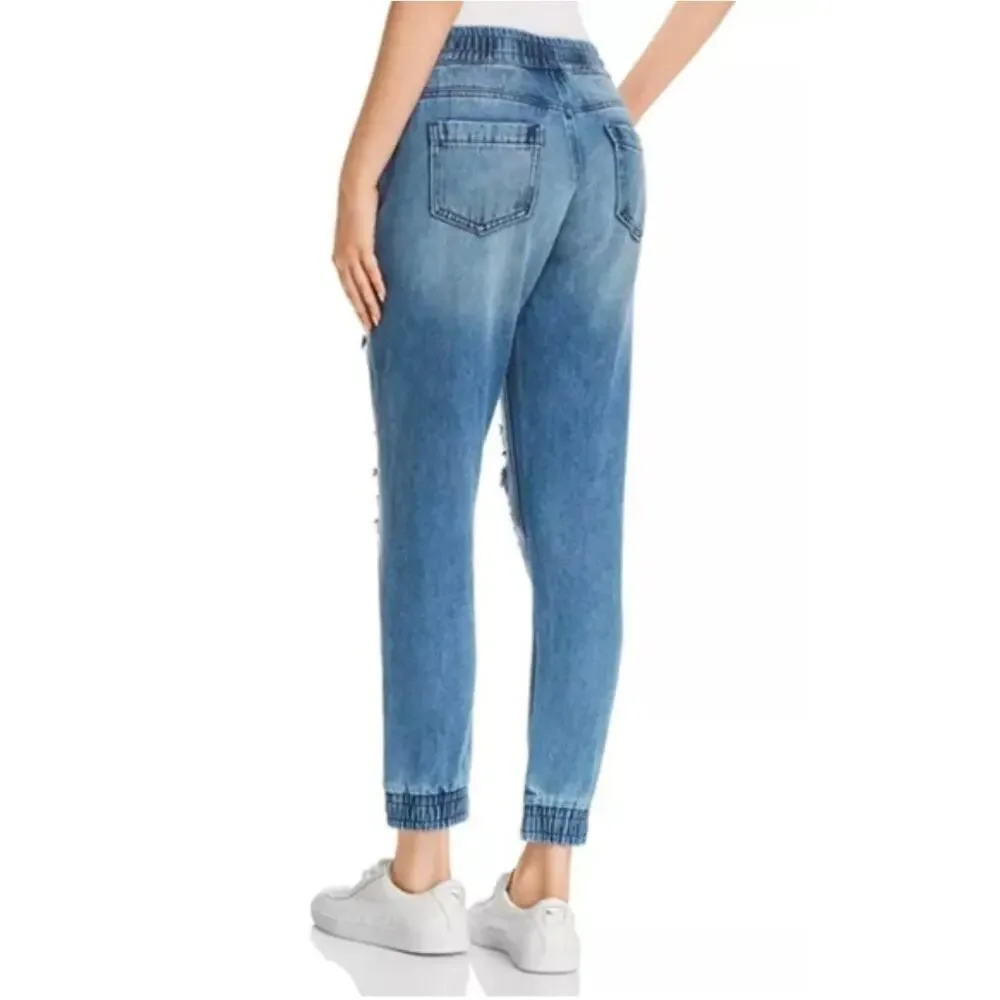 True Religion Distressed Drawstring Denim Joggers Light Wash Size Small